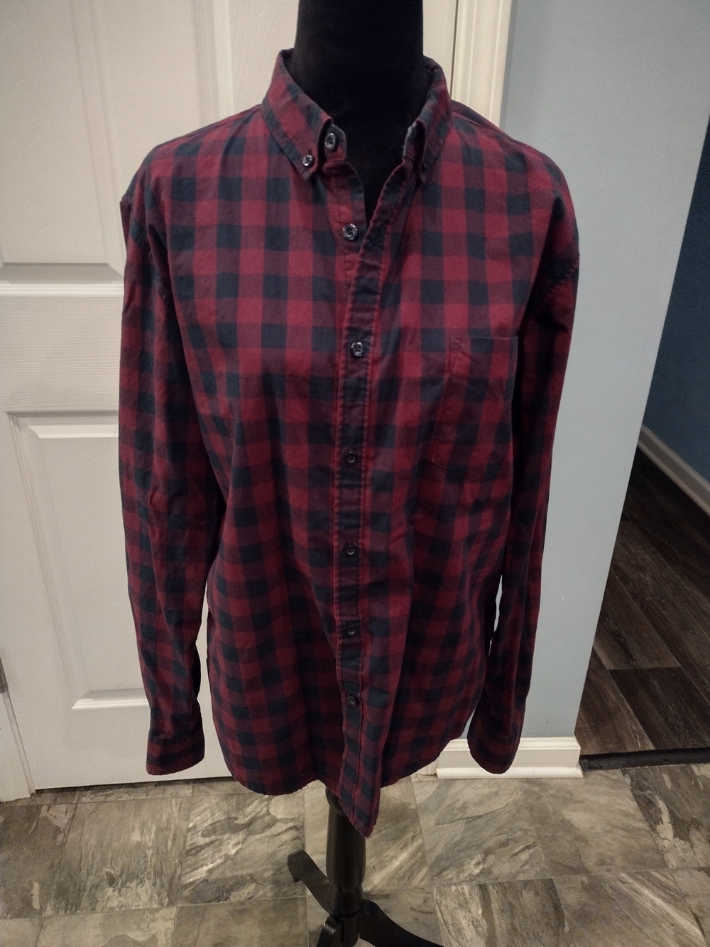 Men's Red and Black Plaid Button-Down Shirt